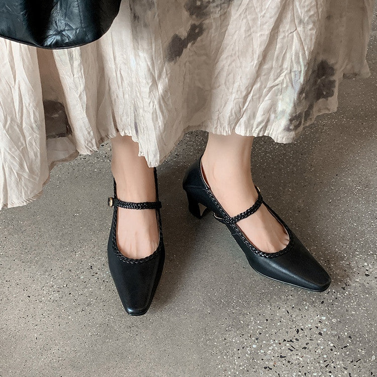 Karin Luna Braided Element Design Chunky Heel Square Toe Single Strap Shoes