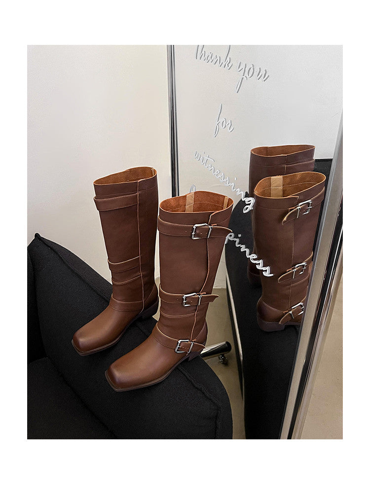 Karin Luna In Stock In Stock European and American Style Square Toe Thick Sole Belt Buckle Long Boots