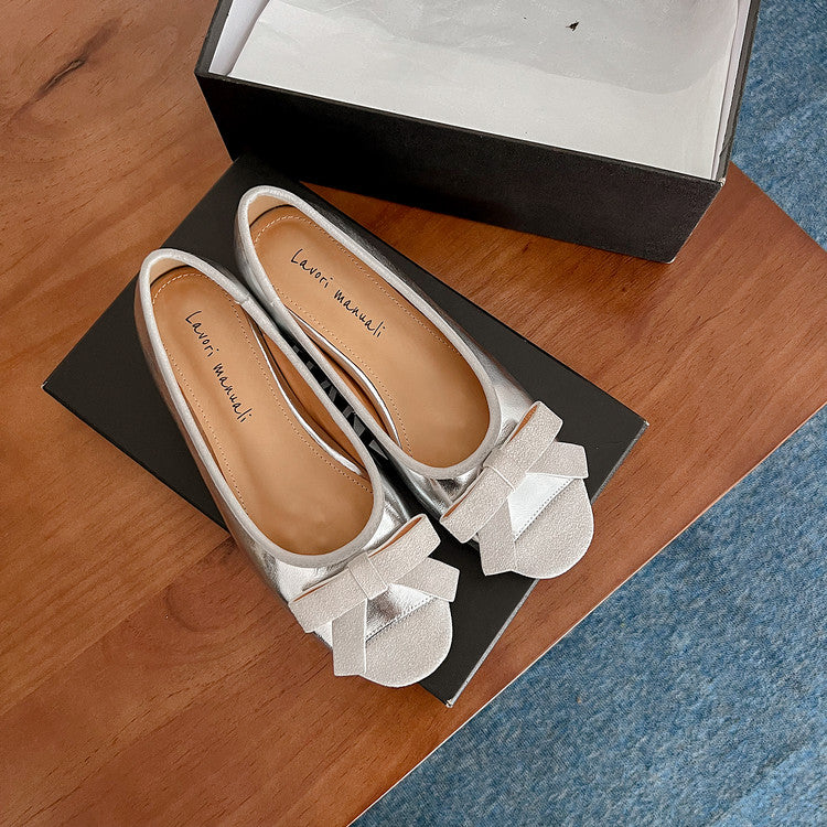 Karin Luna In Stock Spot Goods    Color Block Sweet Bowknot Hidden Wedge Shallow Mouth Flats