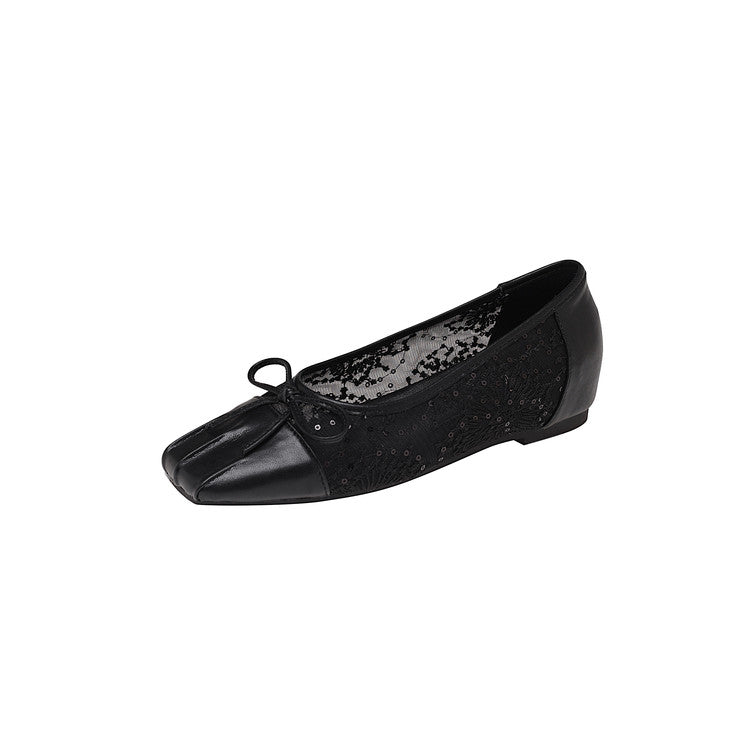 Karin Luna In Stock In Stock  Wrinkled Square Toe Patchwork Breathable Mesh Bow Granny Shoes