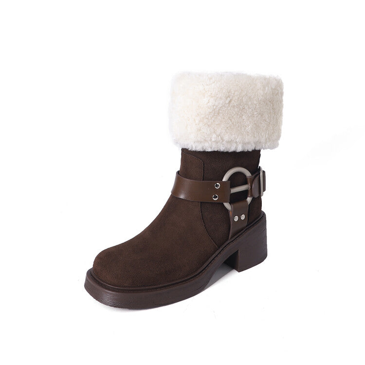 Karin Luna Genuine Lamb Wool and Cowhide Leather Hot-selling Metal Buckle Round Toe Chunky Heel Main Push Main Push