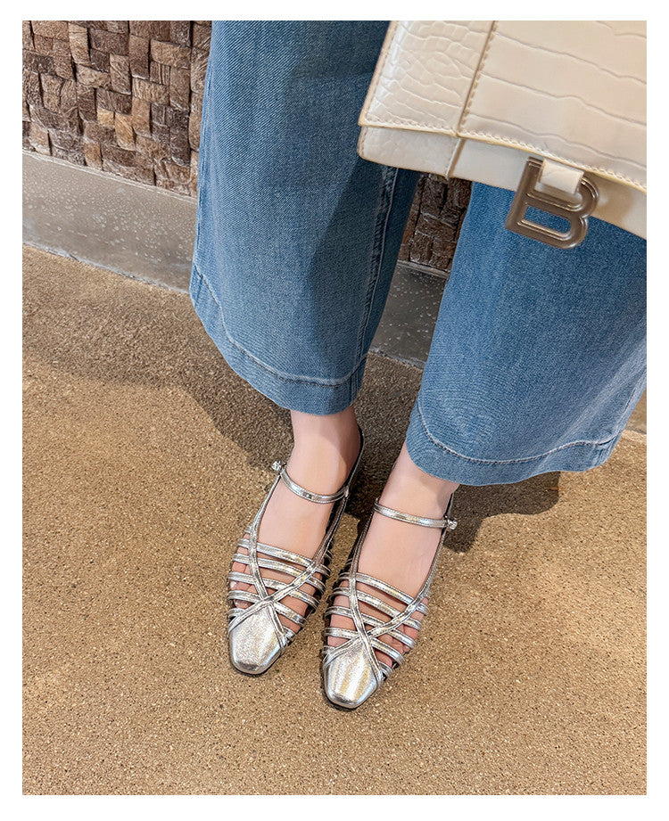 Karin Luna In Stock Spot Goods   French Retro Hollow Small Square Toe One-Strap Slippers