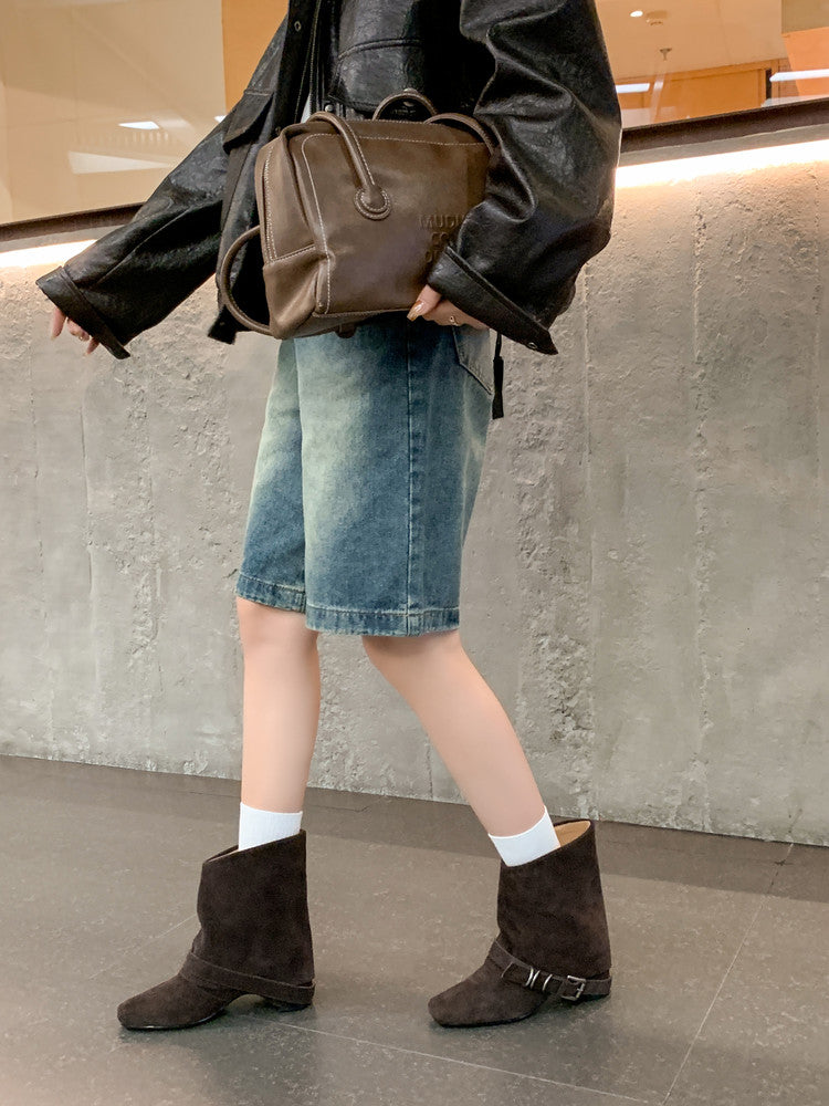 Karin Luna Data Hot Item Square Toe Hidden Wedge Belt Buckle Suede Ankle Boots