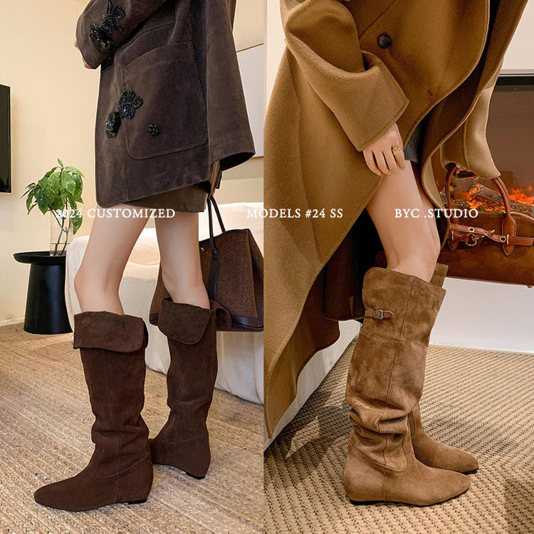 Karin Luna In Stock Spot Goods Vintage Cowhide Leather Two-Way Wear Pointed Toe Height-Increasing Long Boots