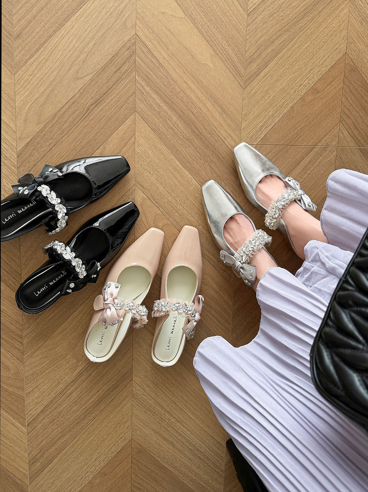Karin Luna Handmade One-Strap Rhinestone Ribbon Square-Toe Mules