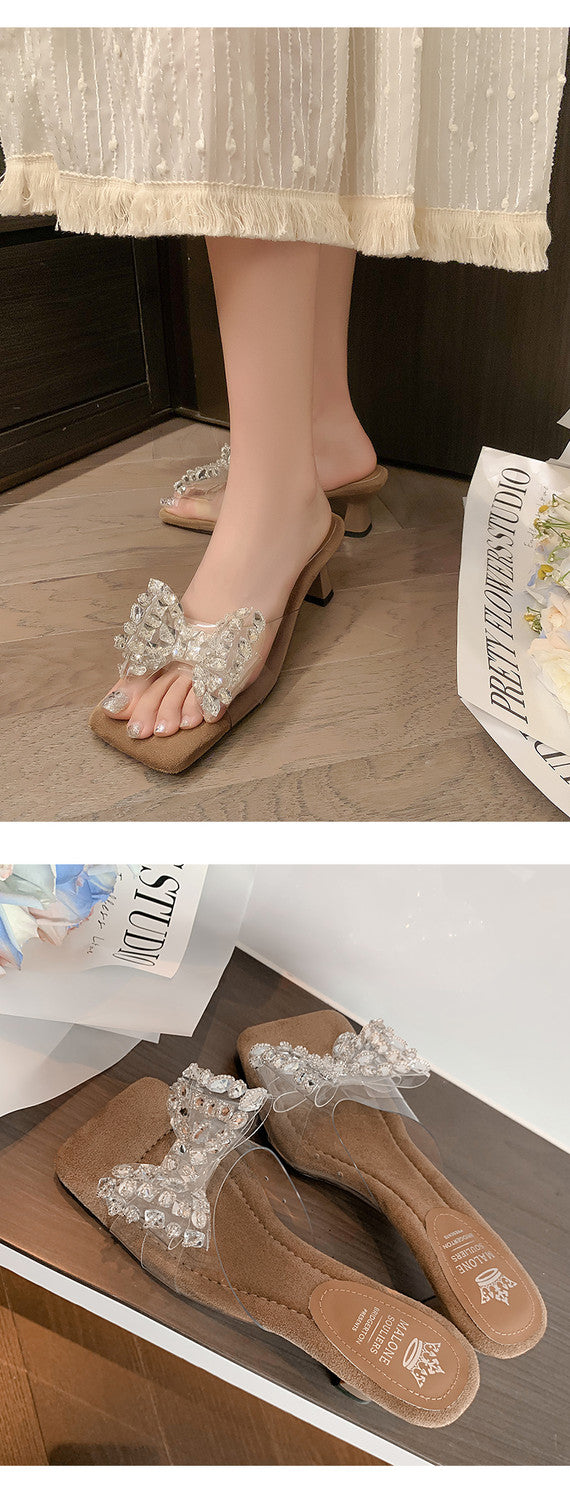 Karin Luna In Stock In Stock Transparent Bow Square Toe Suede Open Toe Sandals