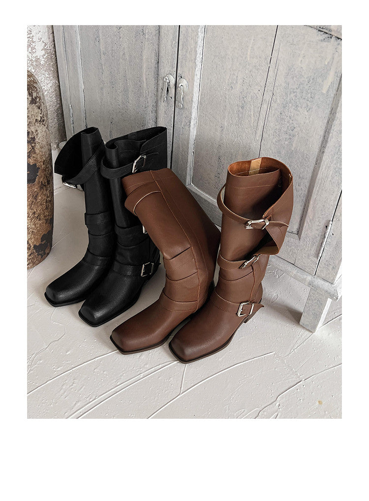 Karin Luna In Stock In Stock European and American Style Square Toe Thick Sole Belt Buckle Long Boots