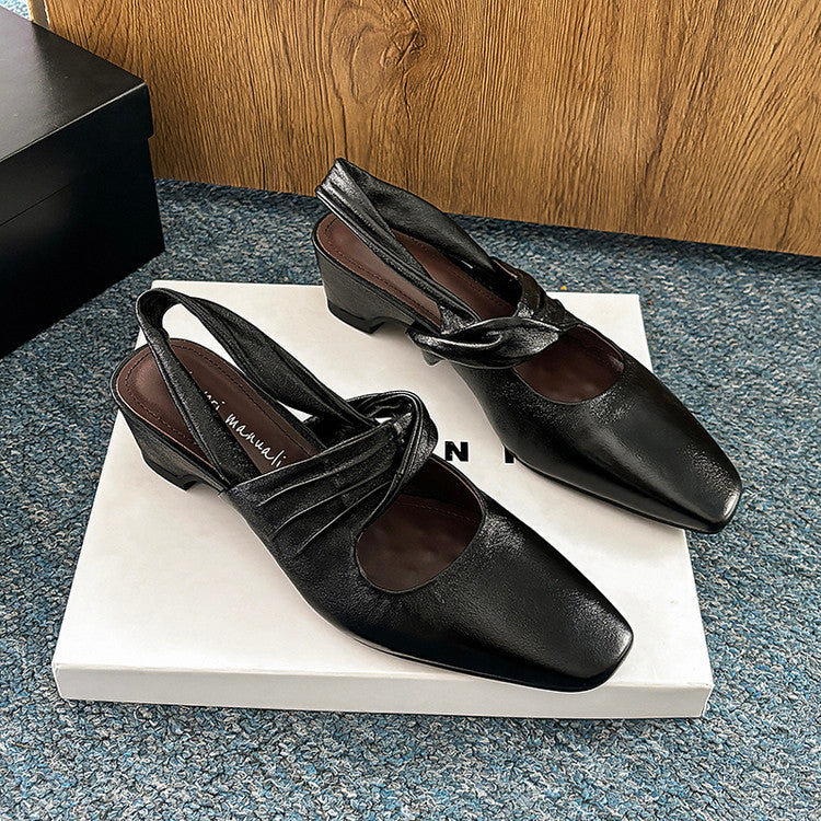 Karin Luna In Stock  Spot Goods Small Square Toe Wrinkled Chunky Heel Closed-Toe Sandals