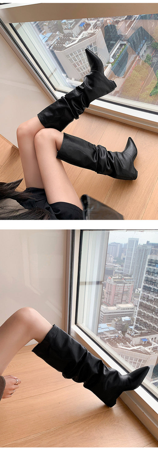 Karin Luna Elegant Style Pointed Toe Hidden Wedge Long Boots