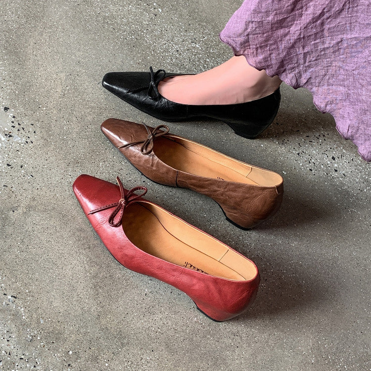 Karin Luna Full Layer Inside and Out~Basic Versatile Small Square Toe Butterfly Knot Irregular Heel Single Shoes