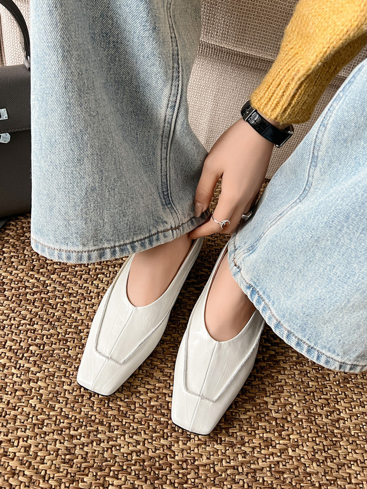 Karin Luna In Stock Spot Goods  Retro Full Leather Square Toe Shallow Mouth Single Shoes