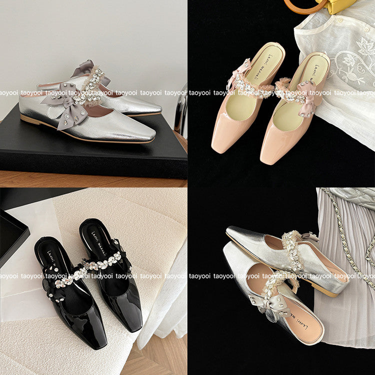 Karin Luna Handmade One-Strap Rhinestone Ribbon Square-Toe Mules