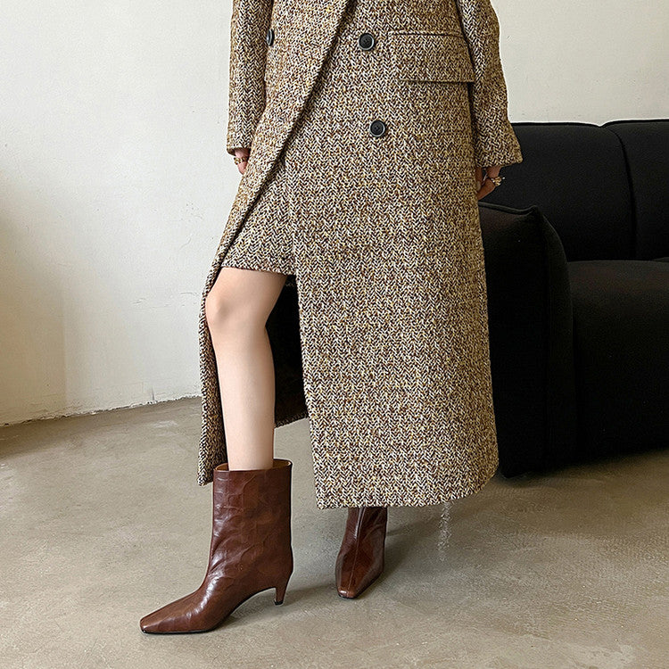 Karin Luna In Stock Spot Goods Top Layer Stone Pattern Cowhide Textured Small Square Toe Straight Short Boots
