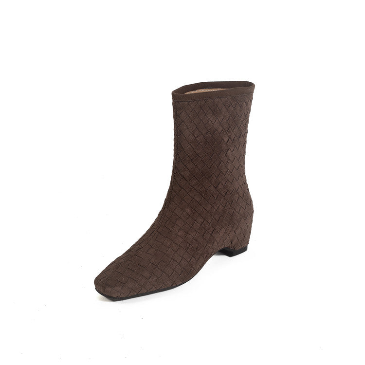 Karin Luna Handmade Woven Fabric Small Square Toe Hidden Heel Short Boots