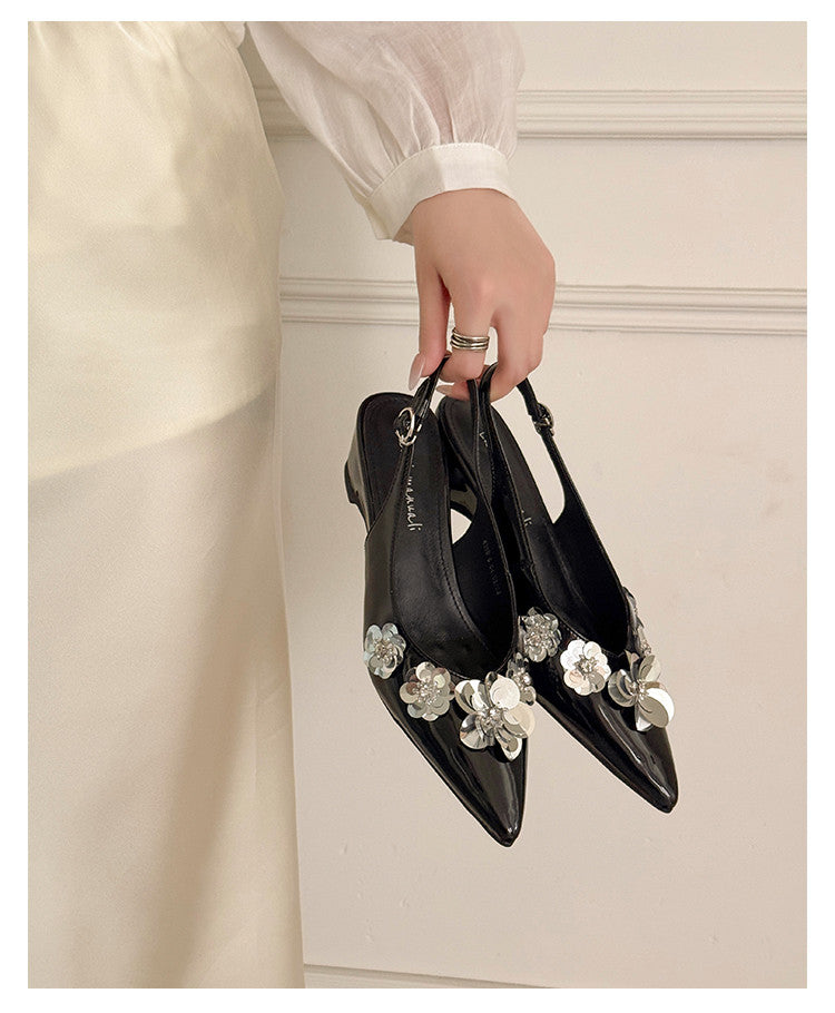 Karin Luna In Stock In Stock  Sequin Floral Pointed Toe Chunky Heel Closed-Toe Sandals