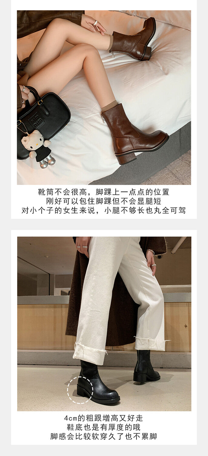 Karin Luna In Stock Spot Goods  Full-grain leather inside and out   Minimalist Texture  Round Toe Flat Bottom Basic Short Boots
