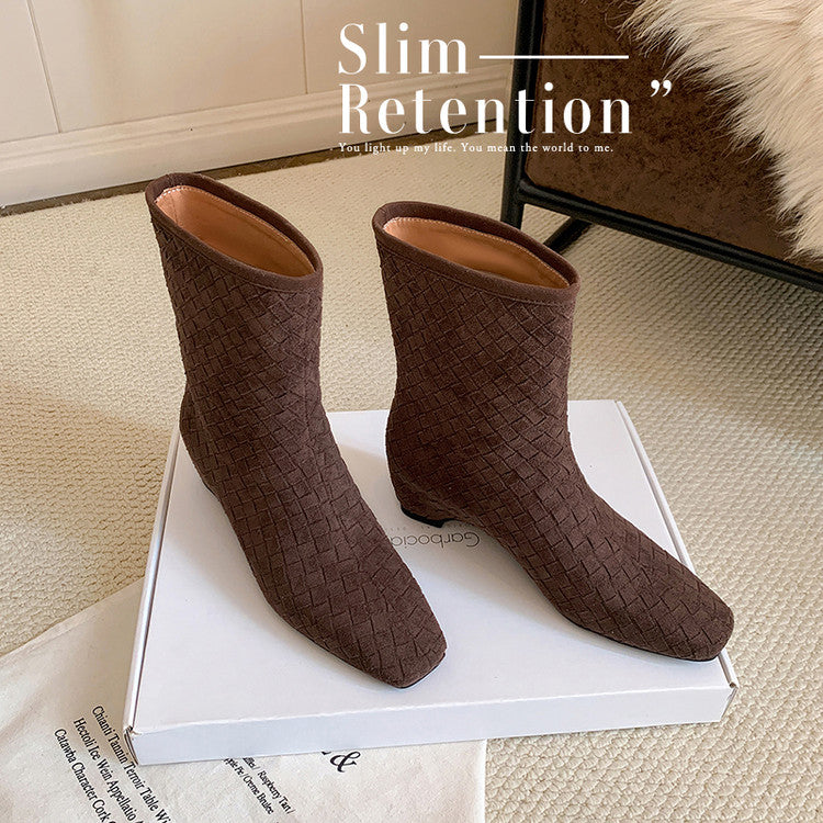 Karin Luna Handmade Woven Fabric Small Square Toe Hidden Heel Short Boots