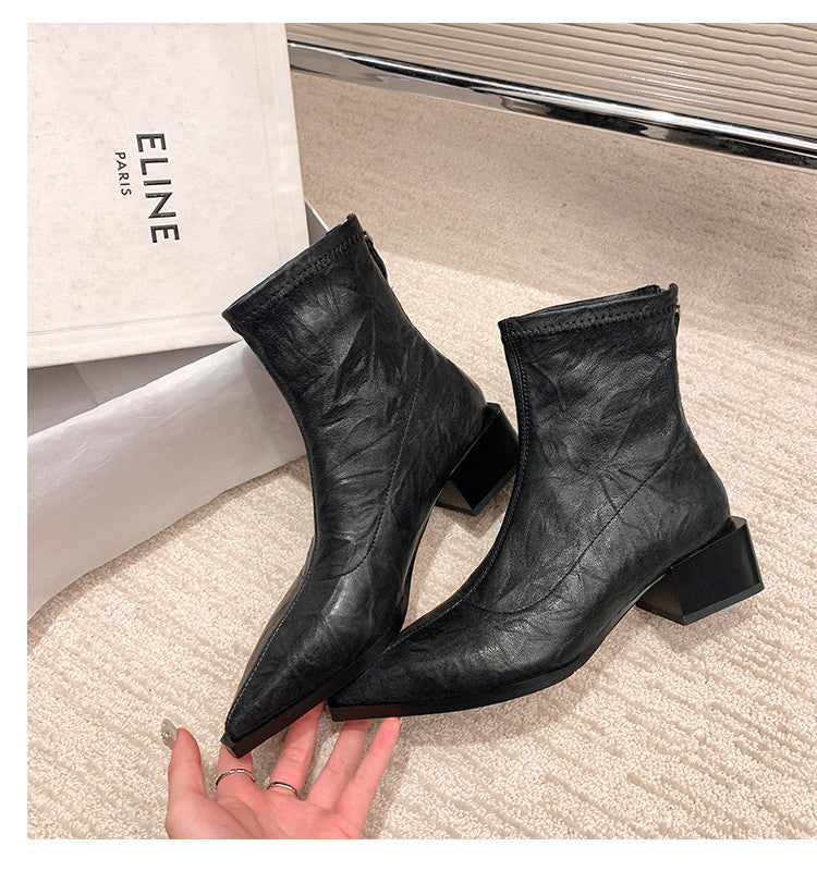 Karin Luna Elegant Style Pointed Toe Chunky Heel Short Boots