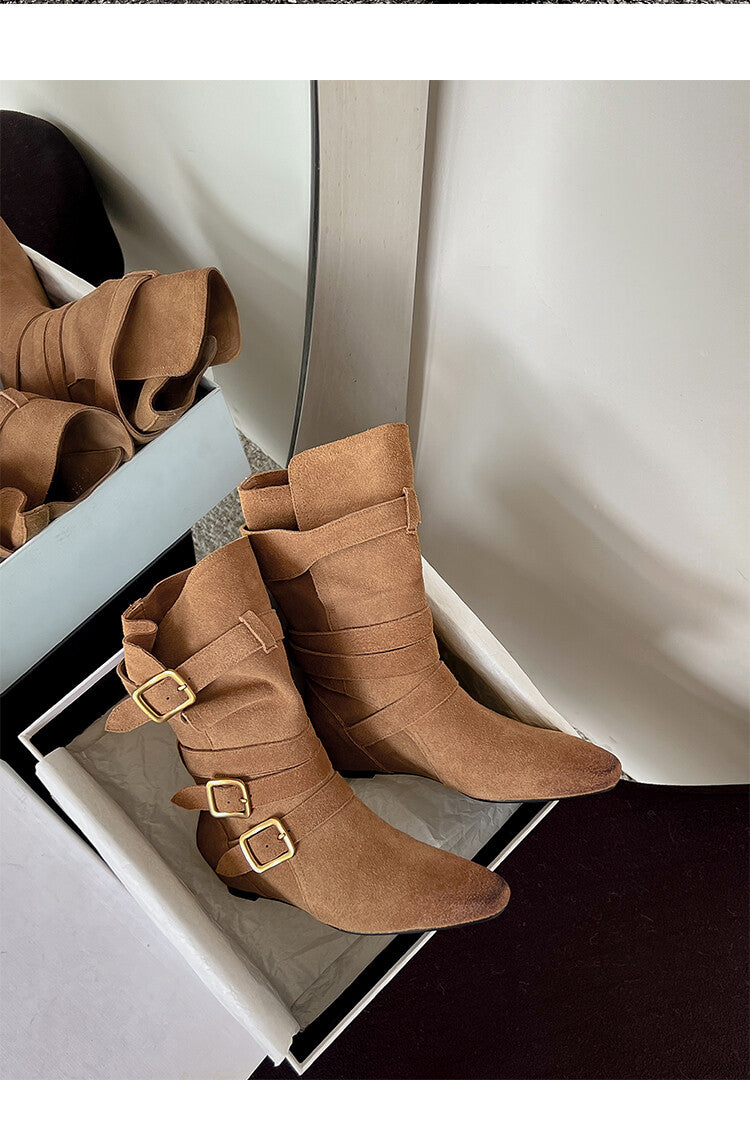 Karin Luna Cow Leather Small Square Toe Belt Buckle Fashion Boots