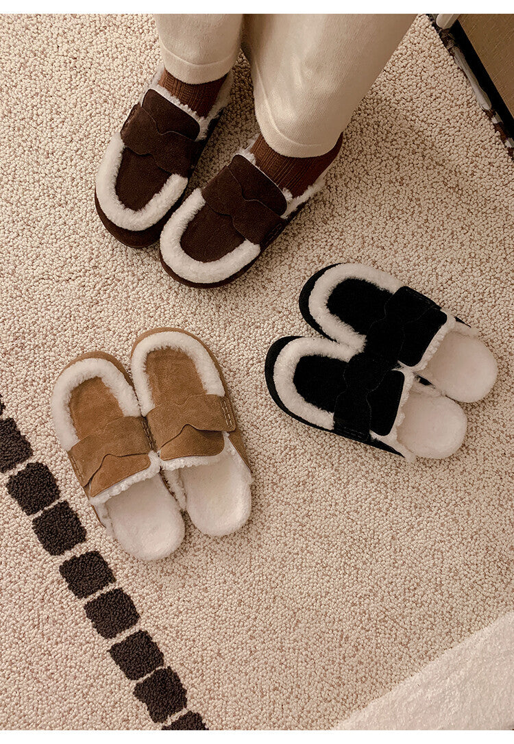 Karin Luna In Stock Look~This is such thick lamb wool Winter Atmosphere！Cowhide Leather Lamb Wool Round Toe Flat Sole Half Support！
