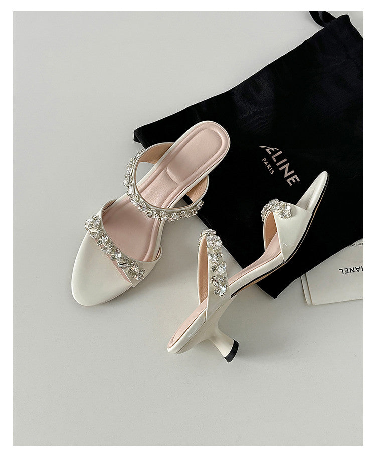 Karin Luna Exquisite Round Toe One-Strap Rhinestone Thin Heel Slippers