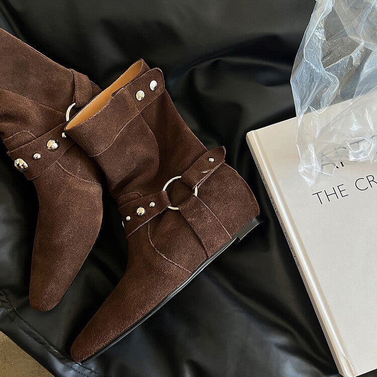 Karin Luna has prepared stock  Hot-Selling Retro Pointed Toe Wedge Metal Buckle High Tube Western Boots