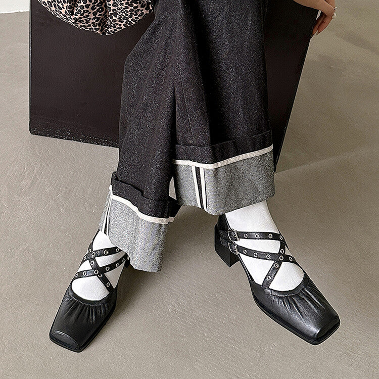 Karin Luna In Stock Spot Goods First Layer Sheepskin Cross Strap Rivet Square Toe Mary Jane Sandals