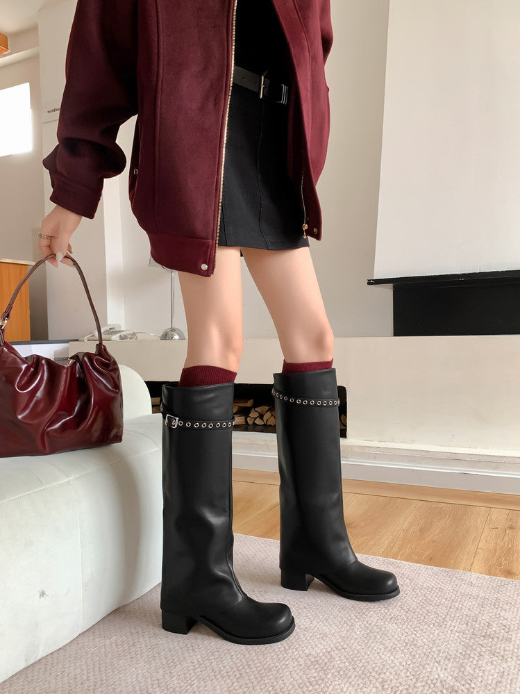 Karin Luna In Stock Spot Goods Belt Buckle Color-Washed Casual Thick-Soled Bootcut Pants Boots