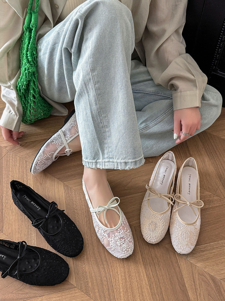 Karin Luna In Stock Spot Goods  Summer Breathable Retro Embroidered Bow Granny Shoes