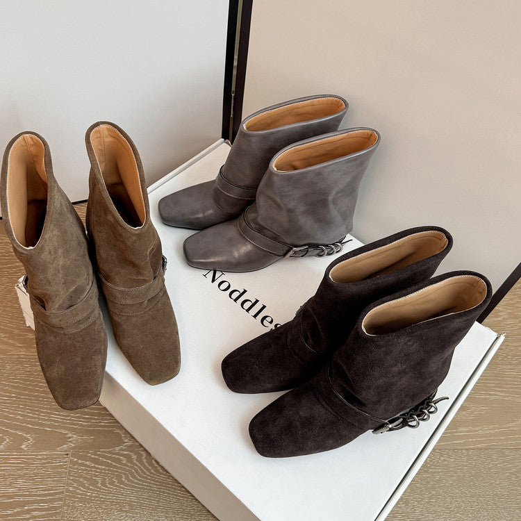 Karin Luna Data Hot Item Square Toe Hidden Wedge Belt Buckle Suede Ankle Boots