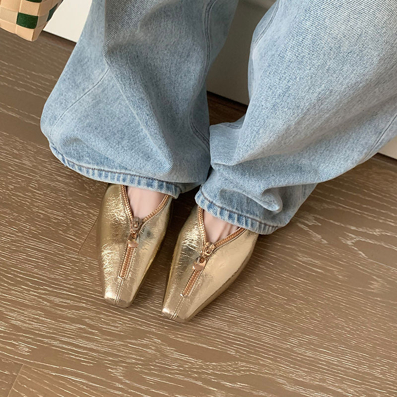 Karin Luna In Stock In Stock ~Basic Versatile Light Luxury Zipper Small Square Toe Flats