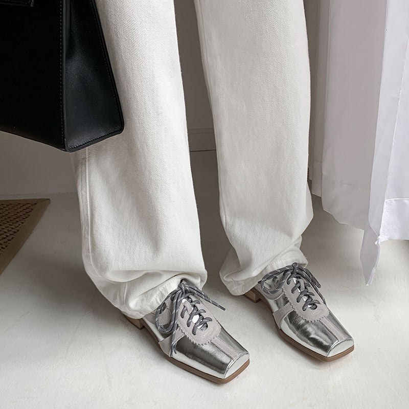 Karin Luna In Stock Spot Goods   Pig Nose Thin Strap Square Toe Patchwork Single Shoes