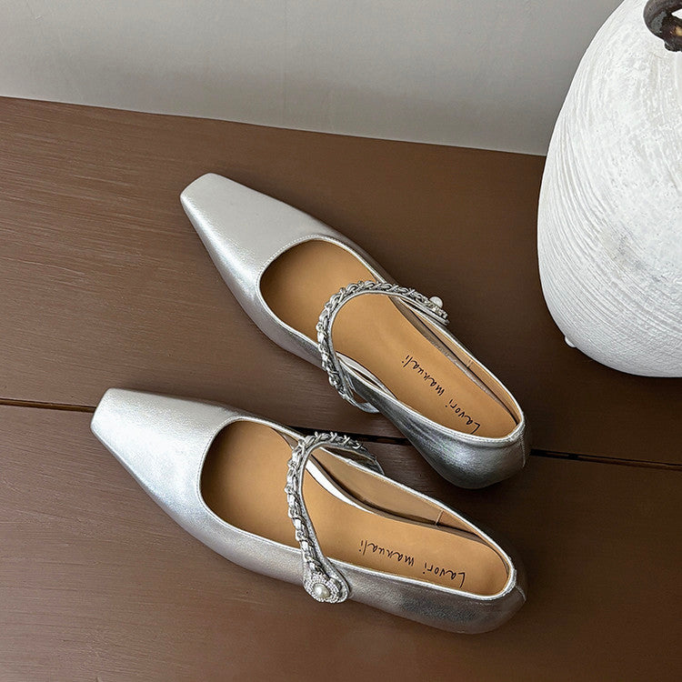 Karin Luna In Stock In Stock ~Metal One-Strap Pearl Small Square Toe Height-Increasing Flats