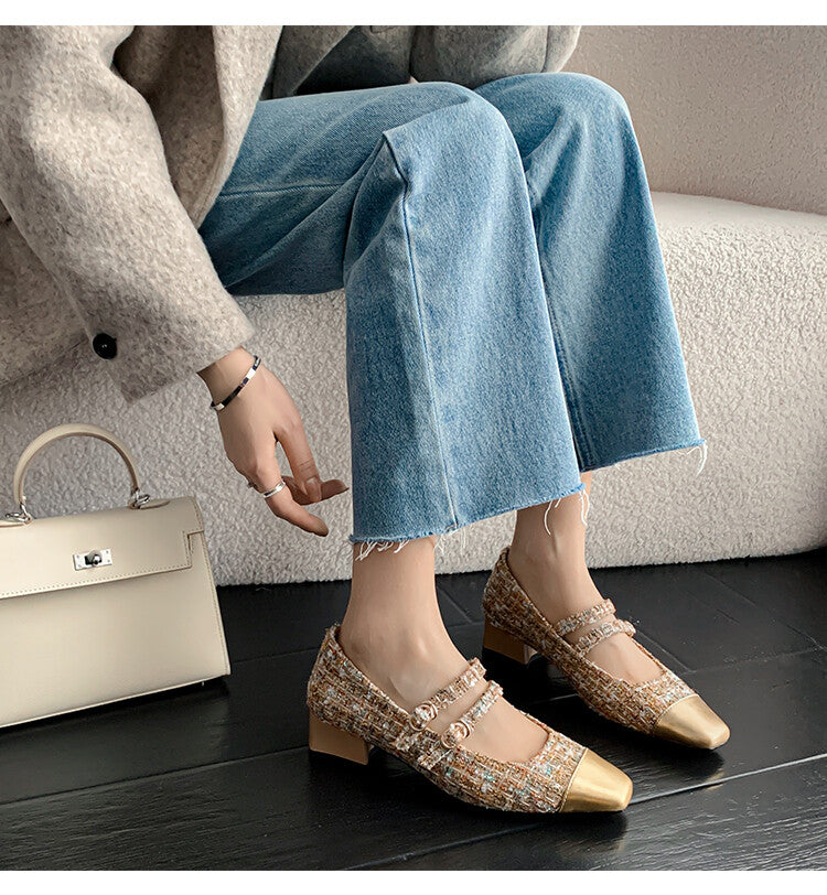 Karin Luna Classic Chanel Style~ Tweed Spring Limit Square Toe Chunky Heel Mary Jane Strap Single Shoes