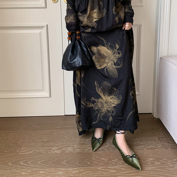 Karin Luna In Stock In Stock Retro Velvet Pointed Toe Bowknot Single Shoes
