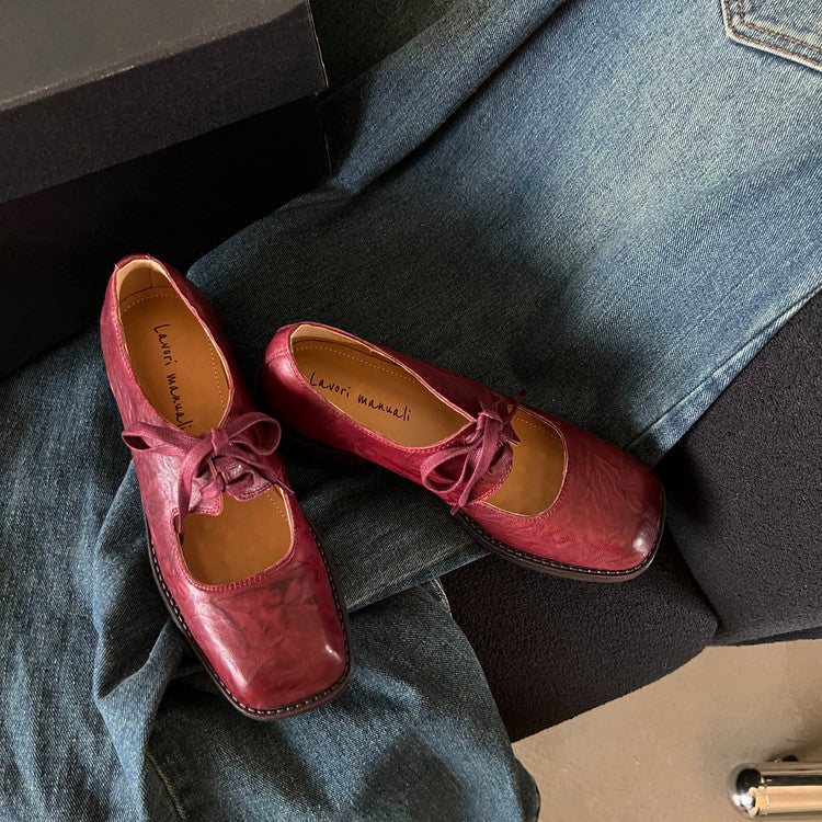 Karin Luna In Stock Spot Goods   Full leather inside and out Vegetable Tanned Hand-Grabbed Sheepskin Square-Toed Chunky Heel Single Shoes