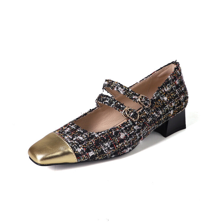 Karin Luna Classic Chanel Style~ Tweed Spring Limit Square Toe Chunky Heel Mary Jane Strap Single Shoes