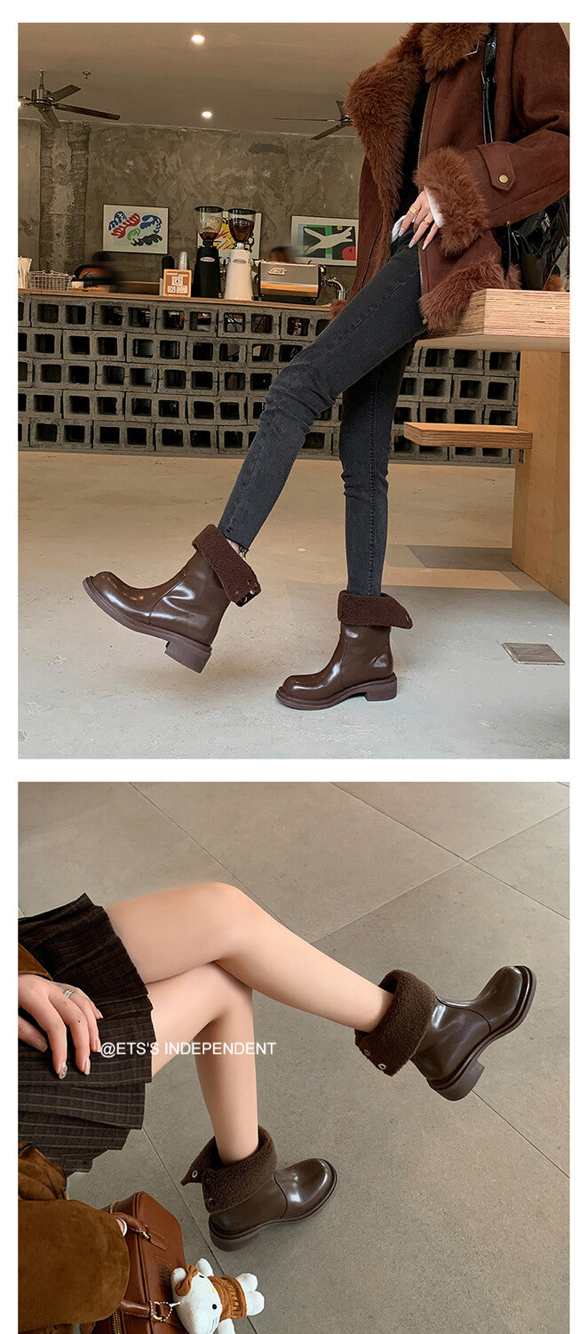 Karin Luna Classic Basic Style   Convertible Foldable Hidden Buckle Snow Fur Shoes Full cowhide Basic Flat Short Boots