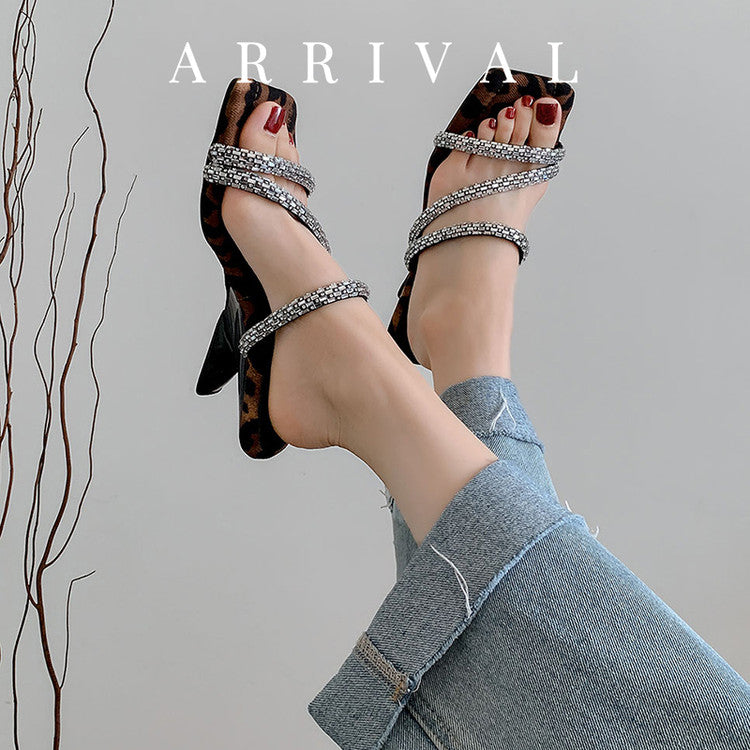 Karin Luna In Stock Spot Goods  Rhinestone One-Strap Irregular Heel Square-Toe Slippers