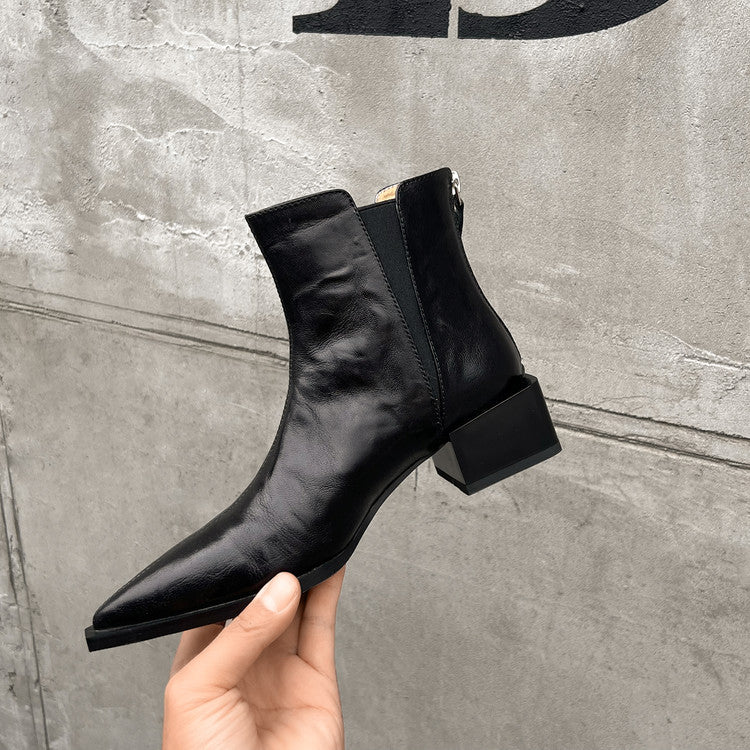 Karin Luna In Stock Spot Goods Elegant Stretch Fabric Patchwork Pointed Toe Chunky Heel Short Boots