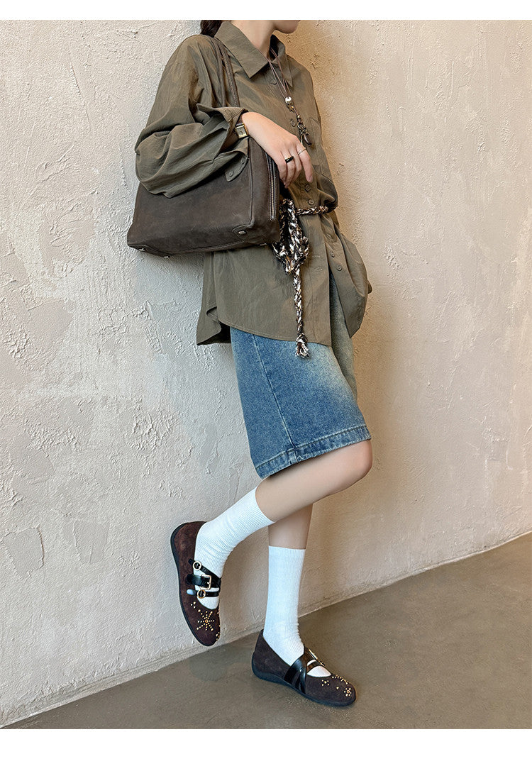 Karin Luna In Stock Spot Goods Studded Rivet Hidden Wedge Mary Jane Shoes