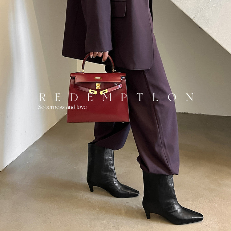 Karin Luna In Stock Spot Goods Top Layer Stone Pattern Cowhide Textured Small Square Toe Straight Short Boots