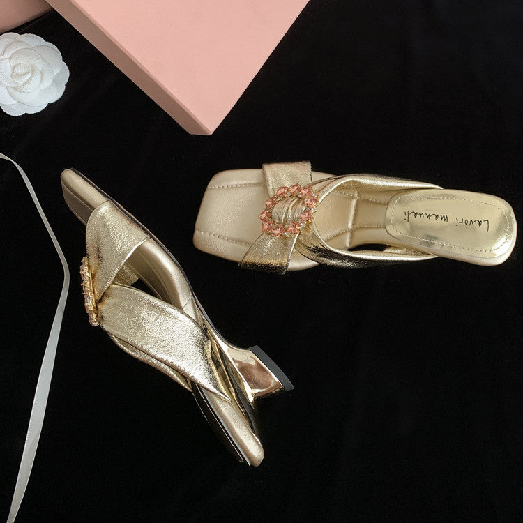 Karin Luna In Stock In Stock Elegant Square-Toe Cross-Strap Rhinestone Square-Toe Slippers