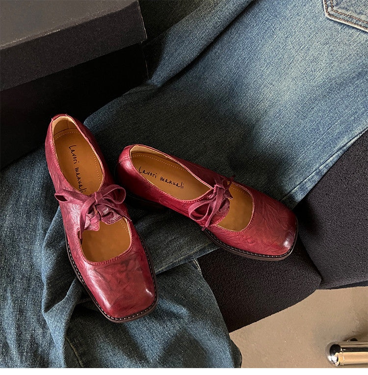 Karin Luna In Stock Spot Goods   Full leather inside and out Vegetable Tanned Hand-Grabbed Sheepskin Square-Toed Chunky Heel Single Shoes