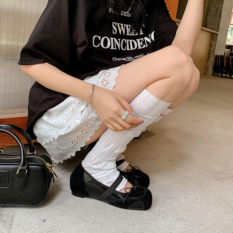 Karin Luna In Stock Spot Goods    Color Block Cowhide Leather Square Toe Slip-On Height Increasing Bowknot Flats