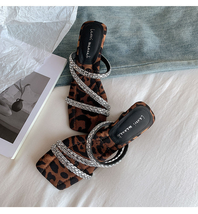 Karin Luna In Stock Spot Goods  Rhinestone One-Strap Irregular Heel Square-Toe Slippers