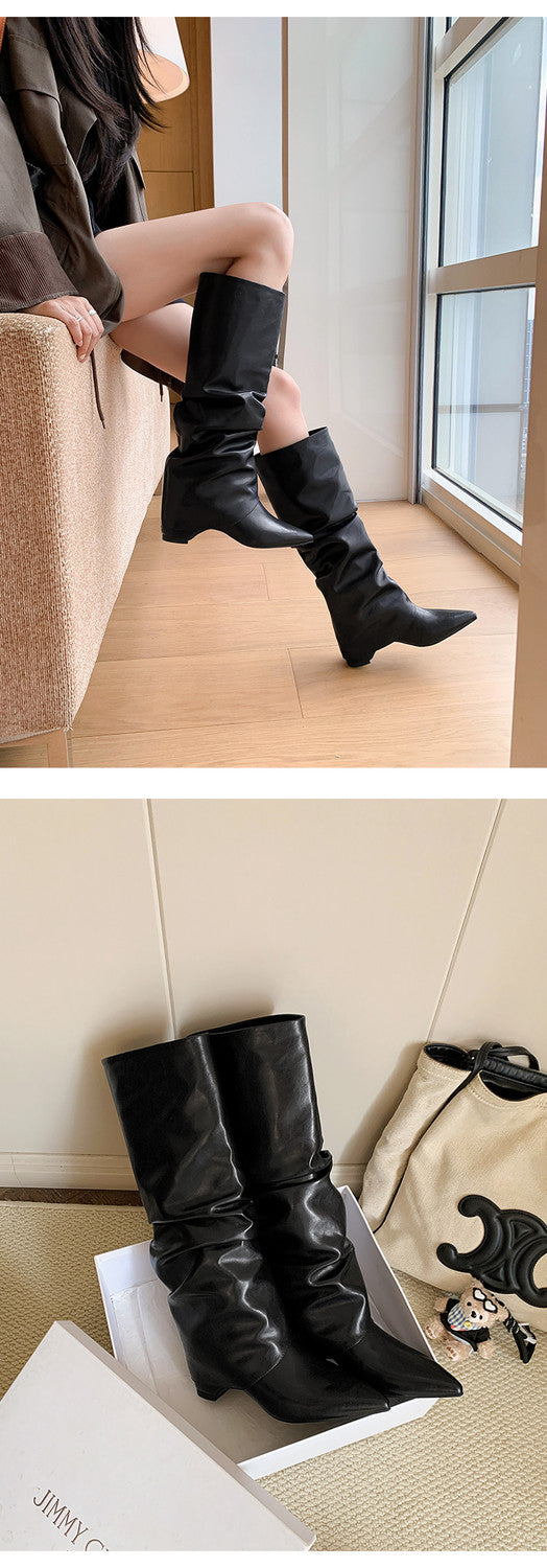 Karin Luna Elegant Style Pointed Toe Hidden Wedge Long Boots