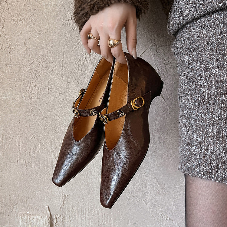 Karin Luna In Stock Spot Goods    Retro Classic Metal Camellia Irregular Heel Single Shoes