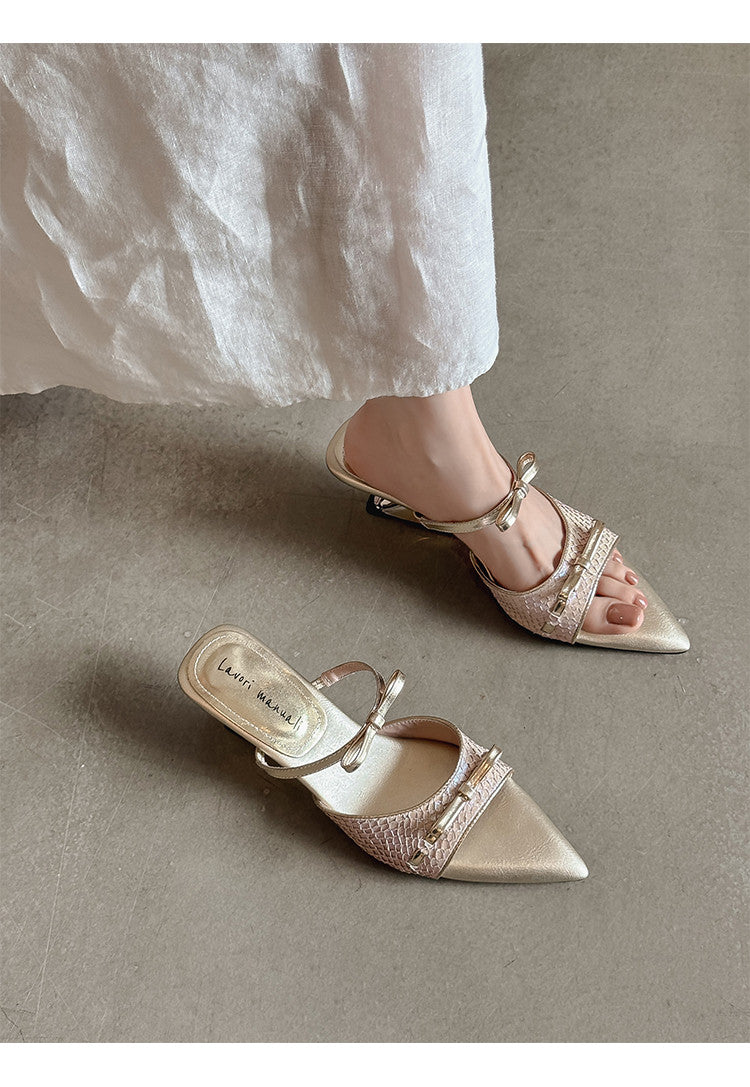 Karin Luna Fish Skin Series~Pointed Toe Irregular Heel Bowknot Strap Slippers