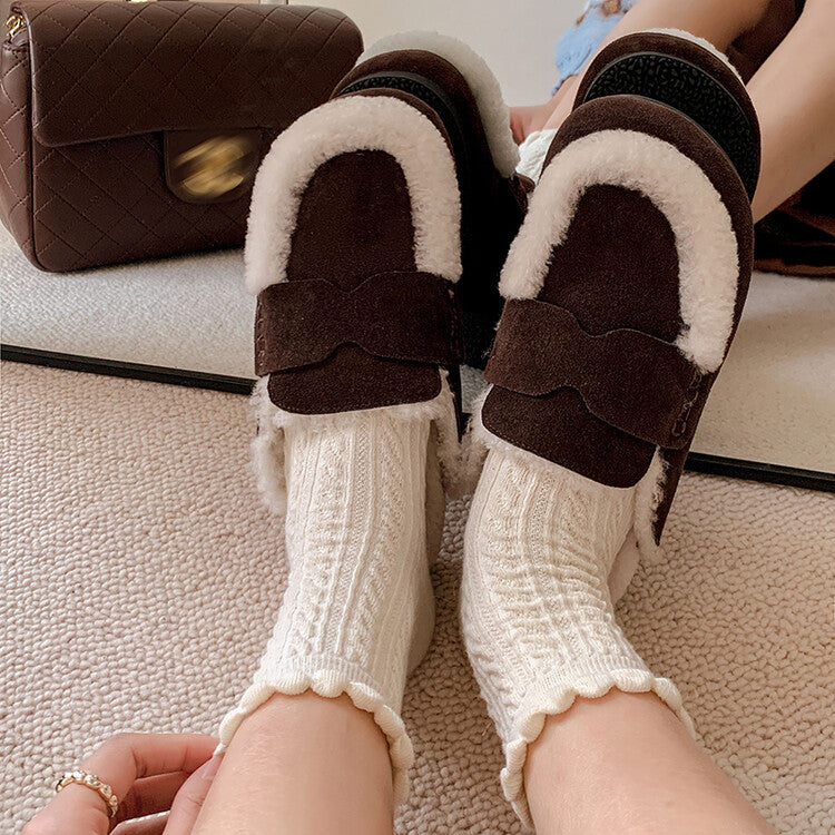 Karin Luna In Stock Look~This is such thick lamb wool Winter Atmosphere！Cowhide Leather Lamb Wool Round Toe Flat Sole Half Support！